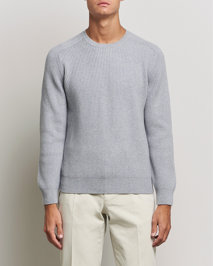 Herre |  | Gran Sasso | Knitted Wool/Cashmere Structure Crewneck Light grey