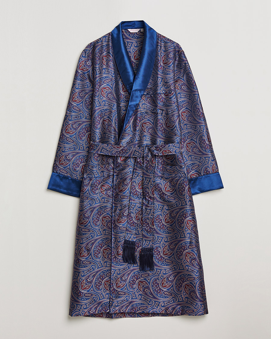 Herre | Pyjamaser og badekåper | Derek Rose | Pure Silk Paisley Dressing Gown Navy