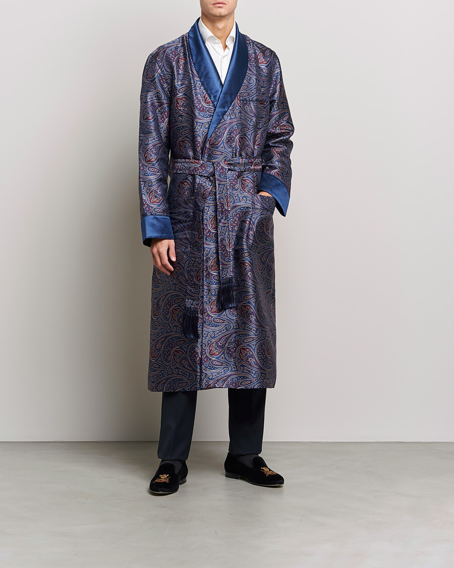 Herre | Pyjamaser og badekåper | Derek Rose | Pure Silk Paisley Dressing Gown Navy