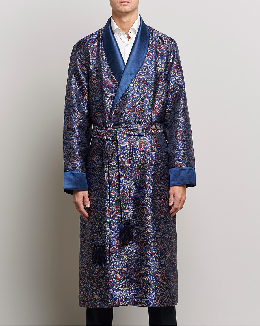 Herre | Pyjamaser og badekåper | Derek Rose | Pure Silk Paisley Dressing Gown Navy