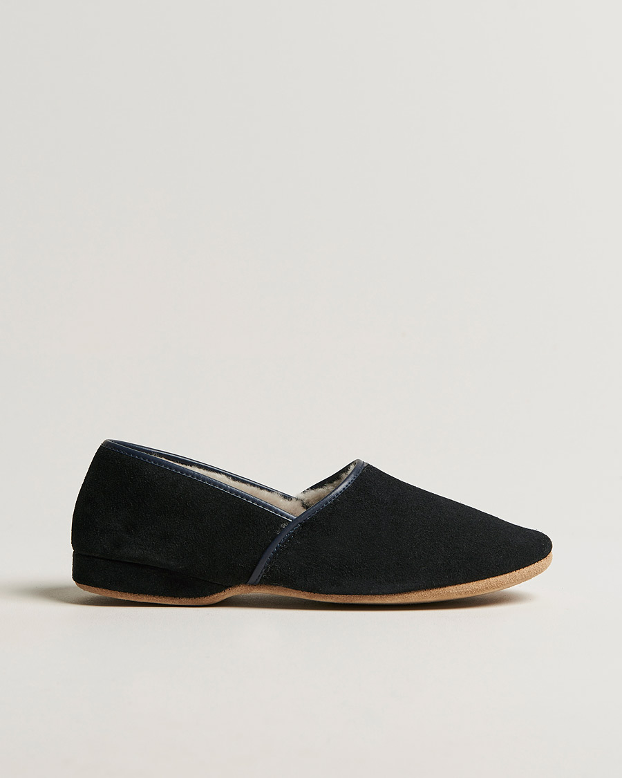 Herre | | Derek Rose | Crawford Sheepskin Suede Slippers Navy
