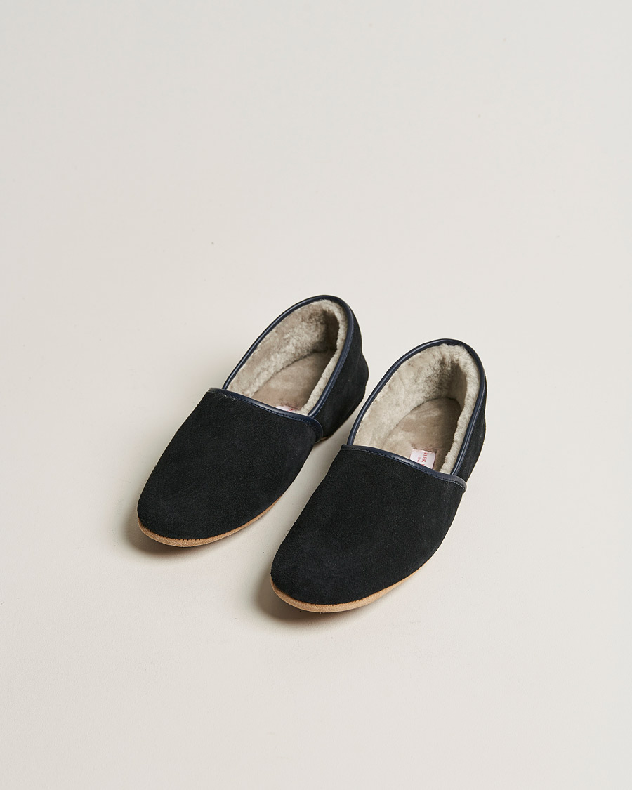 Herre | | Derek Rose | Crawford Sheepskin Suede Slippers Navy