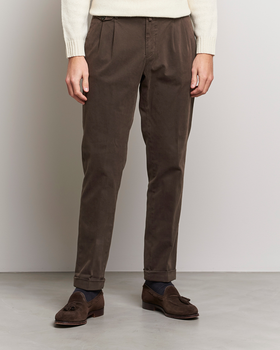 Herre | Bukser | Briglia 1949 | Easy Fit Pleated Cotton Stretch Chino Coffe Brown