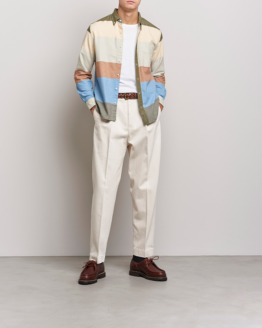 Herre | Flanellskjorter | BEAMS PLUS | Flannel Multi Stripe Shirt Olive/Cream