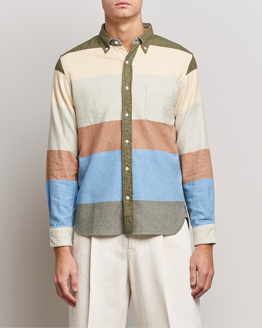 Herre | Flanellskjorter | BEAMS PLUS | Flannel Multi Stripe Shirt Olive/Cream