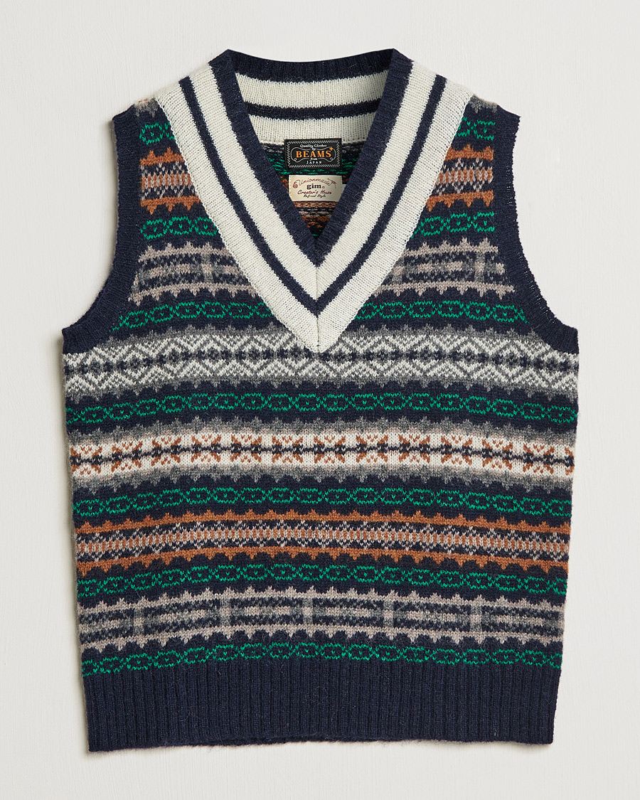 Herre | Gensere | BEAMS PLUS | Fairisle Cricket Knit Vest Navy