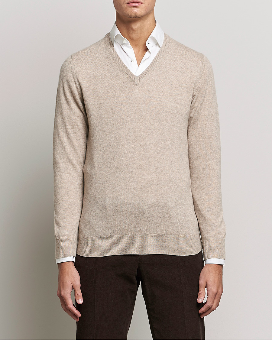 Herre | Pullovers v-hals | Piacenza Cashmere | Cashmere V Neck Sweater Beige