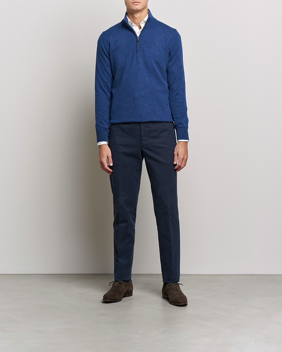 Herre | Gensere | Piacenza Cashmere | Cashmere Half Zip Sweater Indigo Blue