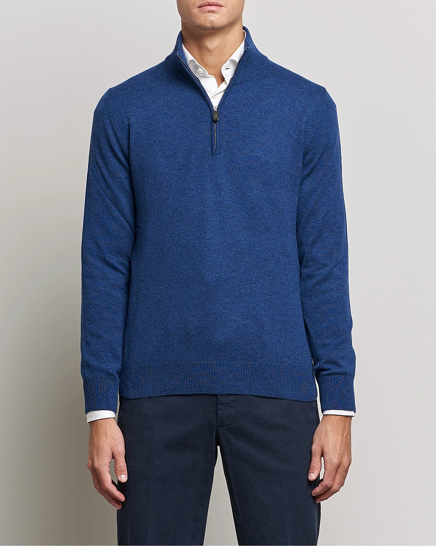 Herre | Kashmirgensere | Piacenza Cashmere | Cashmere Half Zip Sweater Indigo Blue
