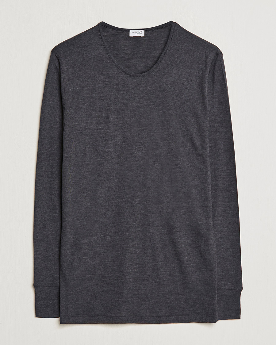 Herre | T-Shirts | Zimmerli of Switzerland | Wool/Silk Long Sleeve T-Shirt Charcoal