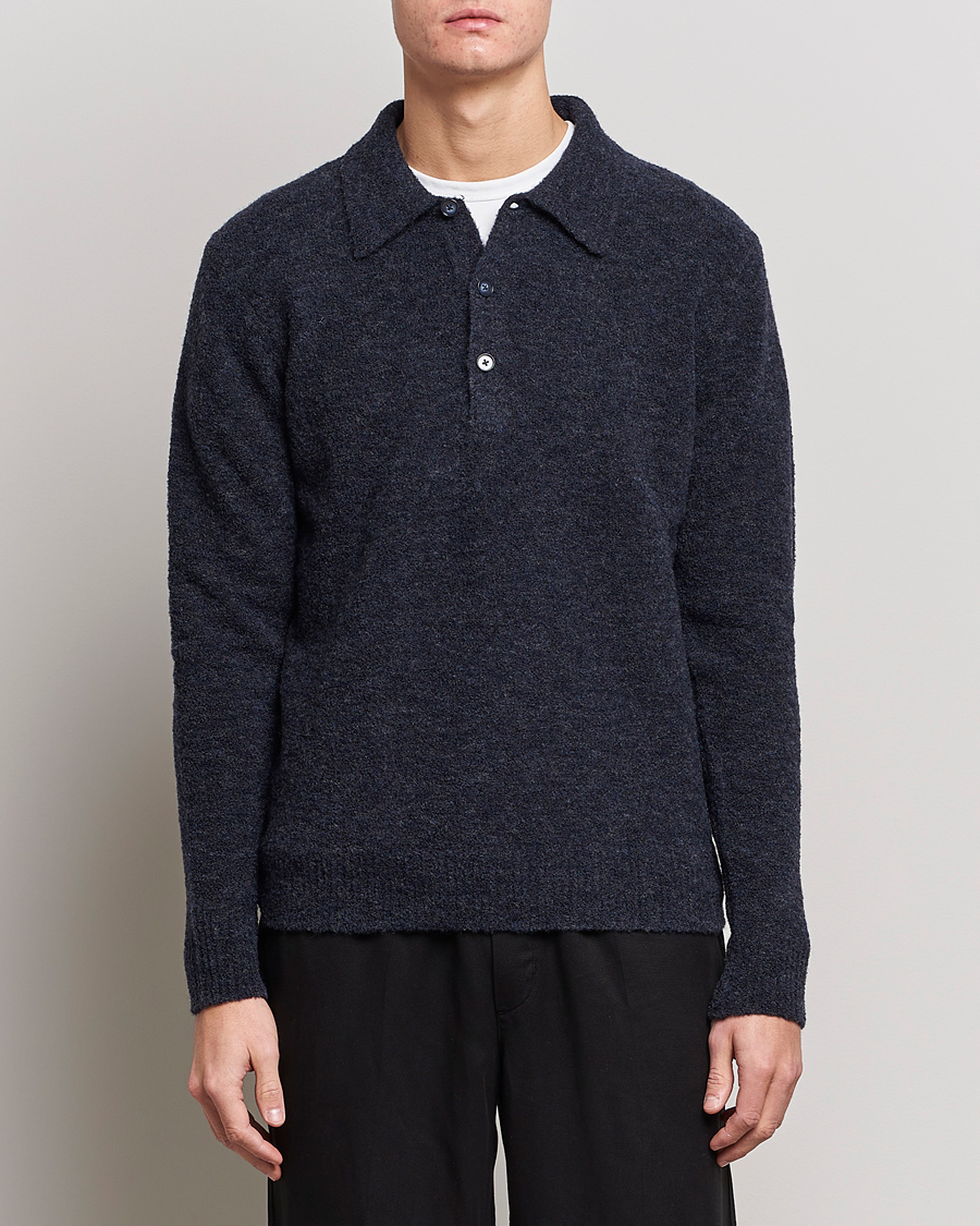 Herre | NN07 | NN07 | Alfie Boiled Wool Knitted Polo Blue Melange