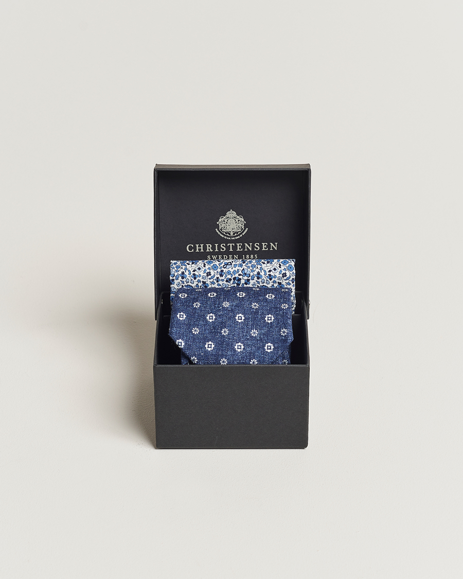 Herre | Slips | Amanda Christensen | Box Set Printed Linen 8cm Tie With Pocket Square Navy