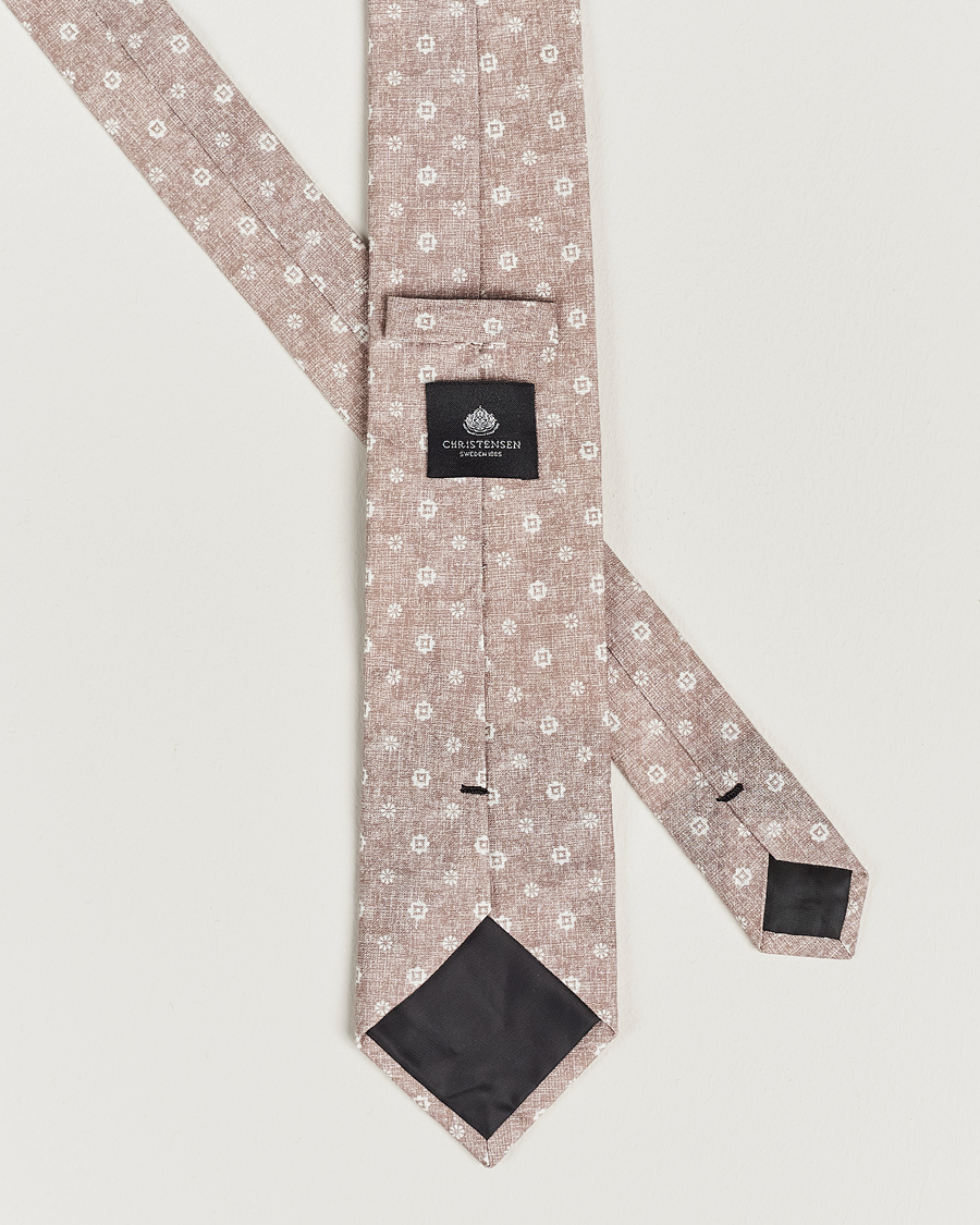 Herre | Slips | Amanda Christensen | Box Set Printed Linen 8cm Tie With Pocket Square Beige