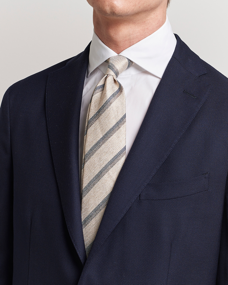 Herre | Amanda Christensen Silk/Linen Striped 8cm Tie Natural | Amanda Christensen | Silk/Linen Striped 8cm Tie Natural