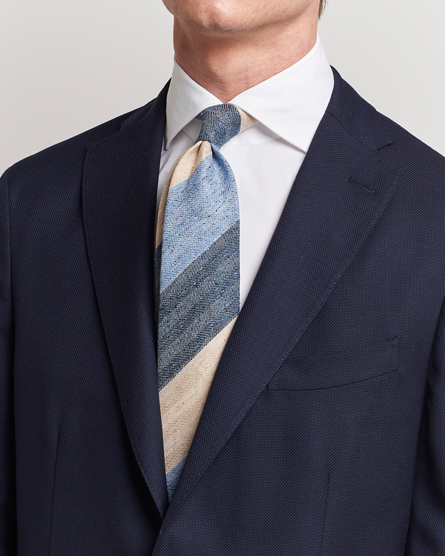 Herre |  | Amanda Christensen | Silk/Linen/Cotton Block Striped 8cm Tie Navy/Blue/Beige