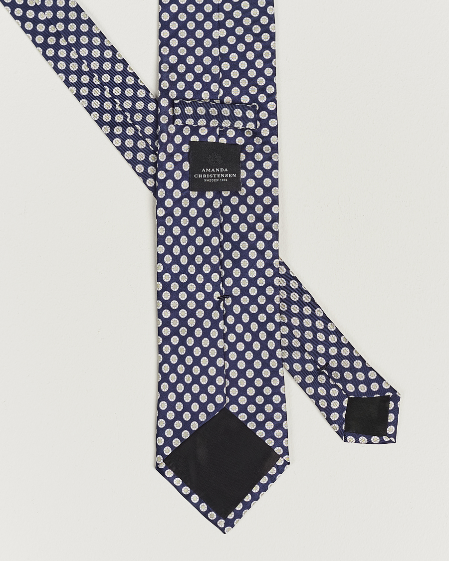Herre | Amanda Christensen Silk Twill Printed 8cm Tie Navy/Green | Amanda Christensen | Silk Twill Printed 8cm Tie Navy/Green