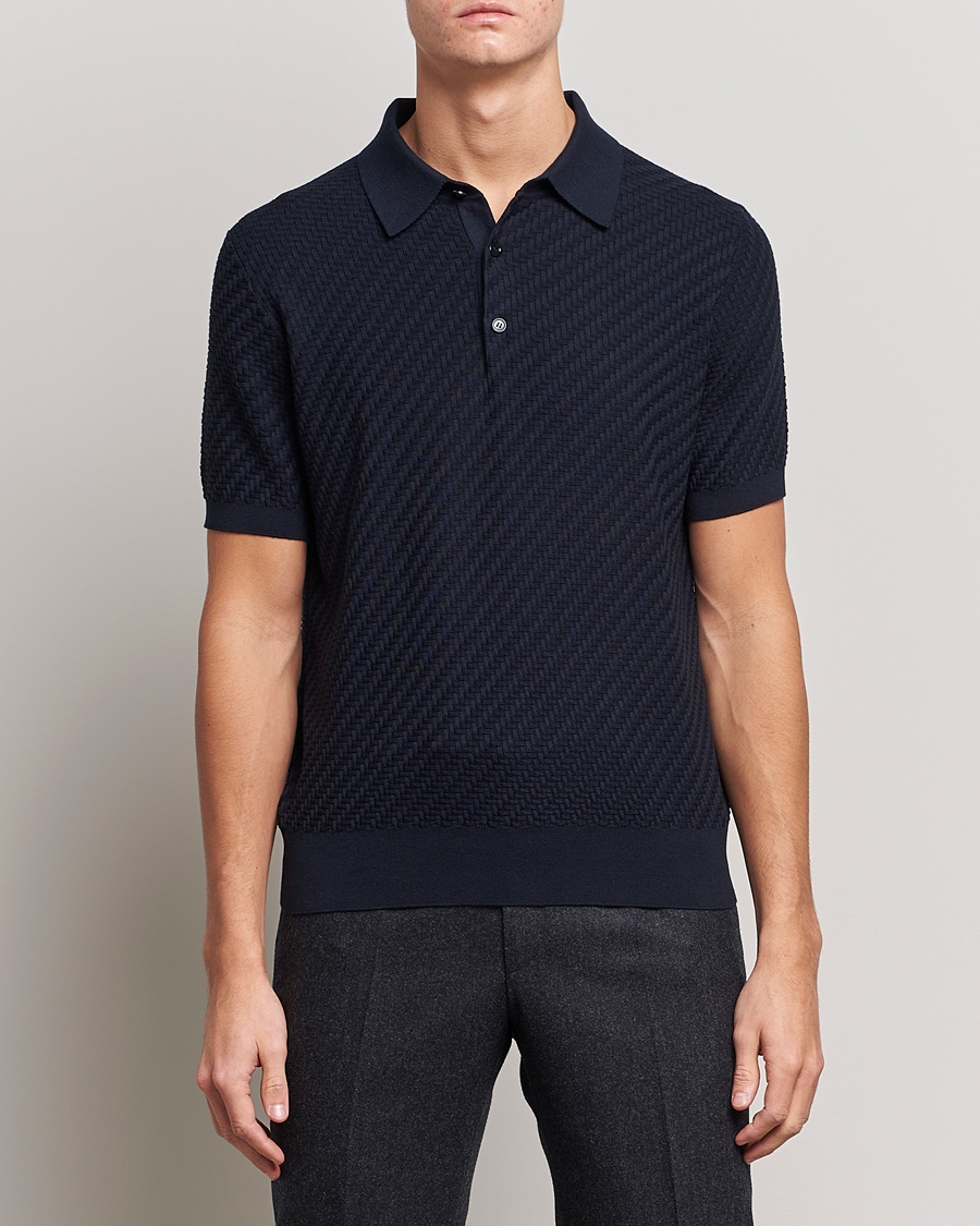 Herre |  | Brioni | Basket Stitch Knitted Polo Navy