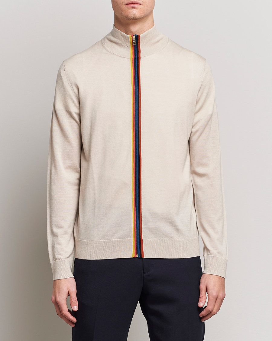 Herre |  | Paul Smith | Full Zip Stripe Wool Cardigan Sand