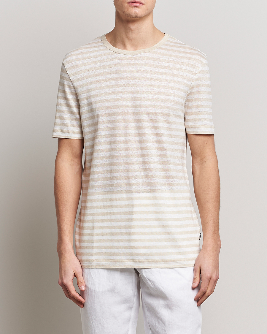 Herre |  | BOSS BLACK | Tiburt Striped Linen Crew Neck T-Shirt Open White 