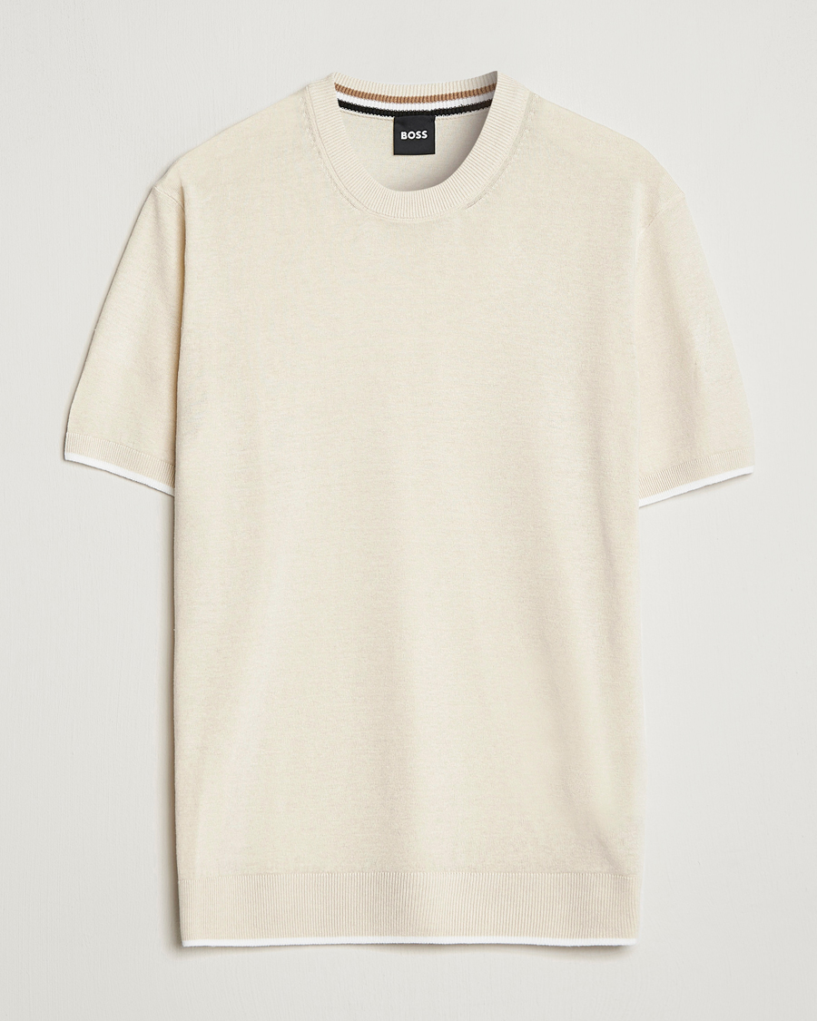 Herre | T-Shirts | BOSS BLACK | Giacco Knitted Crew Neck T-Shirt Open White