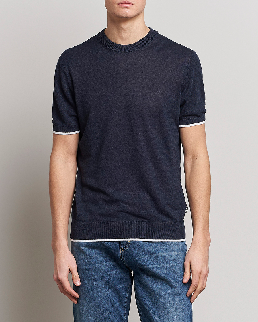 Herre | T-Shirts | BOSS BLACK | Giacco Knitted Crew Neck T-Shirt Dark Blue