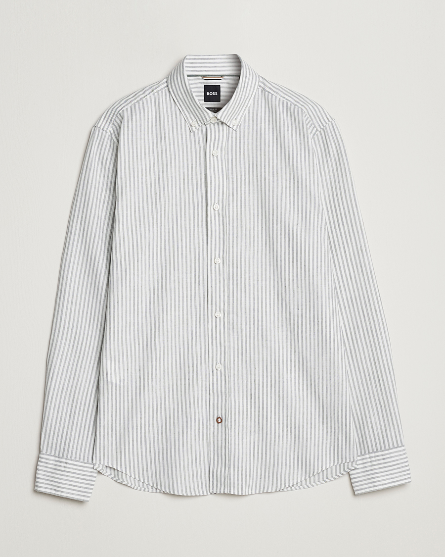 Herre | Skjorter | BOSS BLACK | Hal Cotton/Linen Striped Shirt Open Green