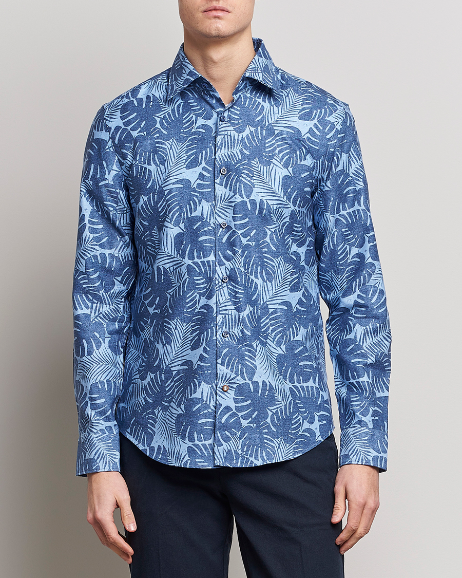 Herre | Skjorter | BOSS BLACK | Hal Cotton/Linen Flower Shirt Open Blue