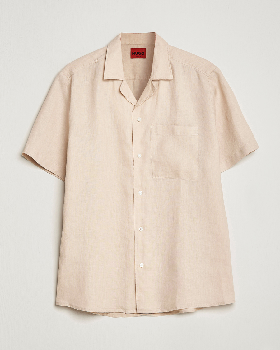 Herre | Skjorter | HUGO | Ellino Linen Resort Collar Short Sleeve Shirt Beige