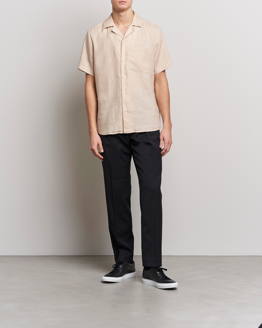 Herre | Skjorter | HUGO | Ellino Linen Resort Collar Short Sleeve Shirt Beige