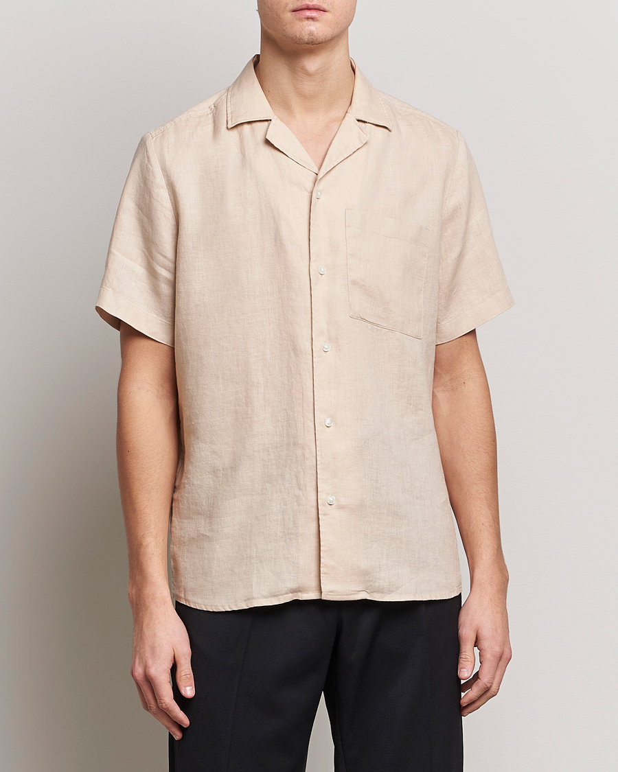 Herre |  | HUGO | Ellino Linen Resort Collar Short Sleeve Shirt Beige