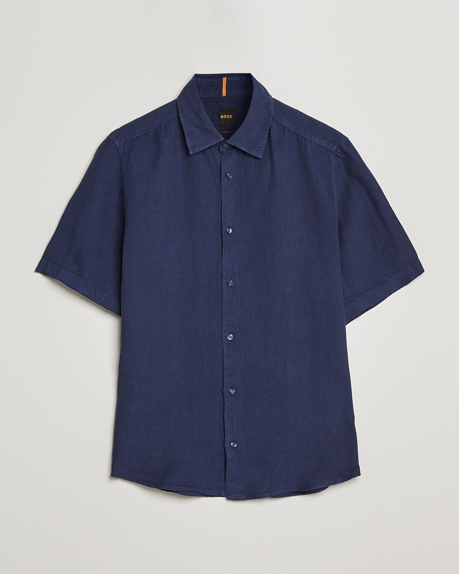 Herre | Skjorter | BOSS ORANGE | Rash Linen Short Sleeve Shirt Navy