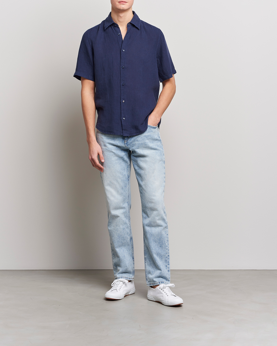 Herre | Skjorter | BOSS ORANGE | Rash Linen Short Sleeve Shirt Navy