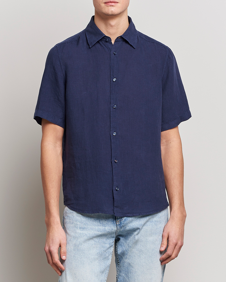 Herre | Skjorter | BOSS ORANGE | Rash Linen Short Sleeve Shirt Navy