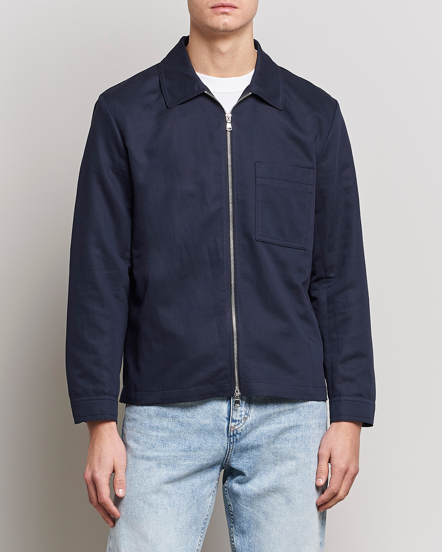 Herre | Skjorter | J.Lindeberg | Jason Cotton/Linen Stretch Zip Overshirt Navy