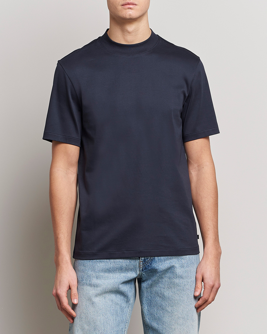 Herre | T-Shirts | J.Lindeberg | Ace Mock Neck Mercerized Cotton T-Shirt Navy