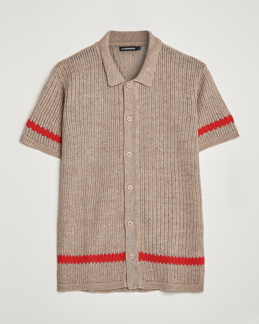 Herre | Skjorter | J.Lindeberg | Sky Knitted Linen/Merino Short Sleeve Shirt Beige