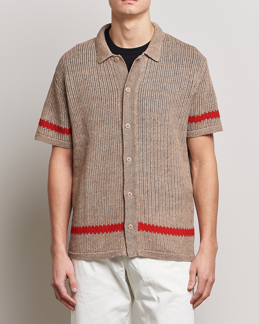 Herre | Skjorter | J.Lindeberg | Sky Knitted Linen/Merino Short Sleeve Shirt Beige
