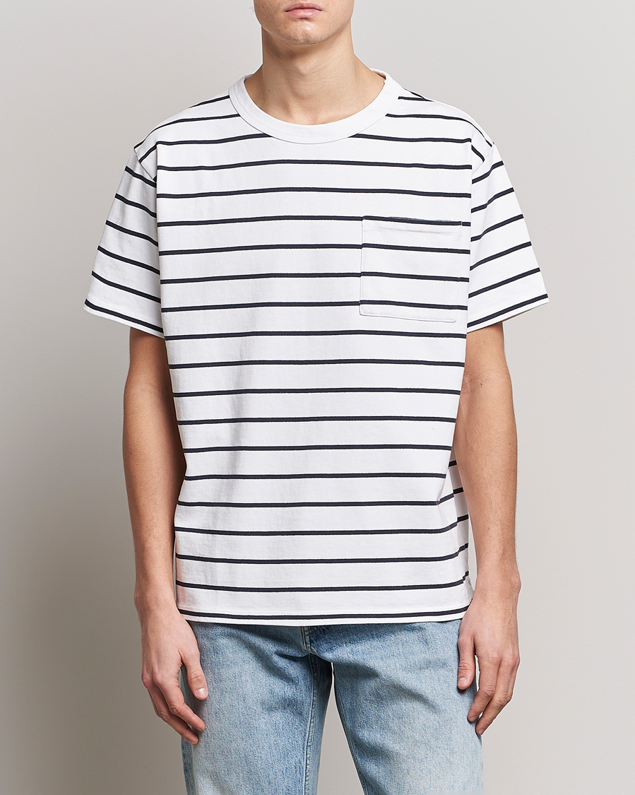 Herre |  | Jeanerica | Hervé Striped Heacy Crew Neck T-Shirt White/Navy