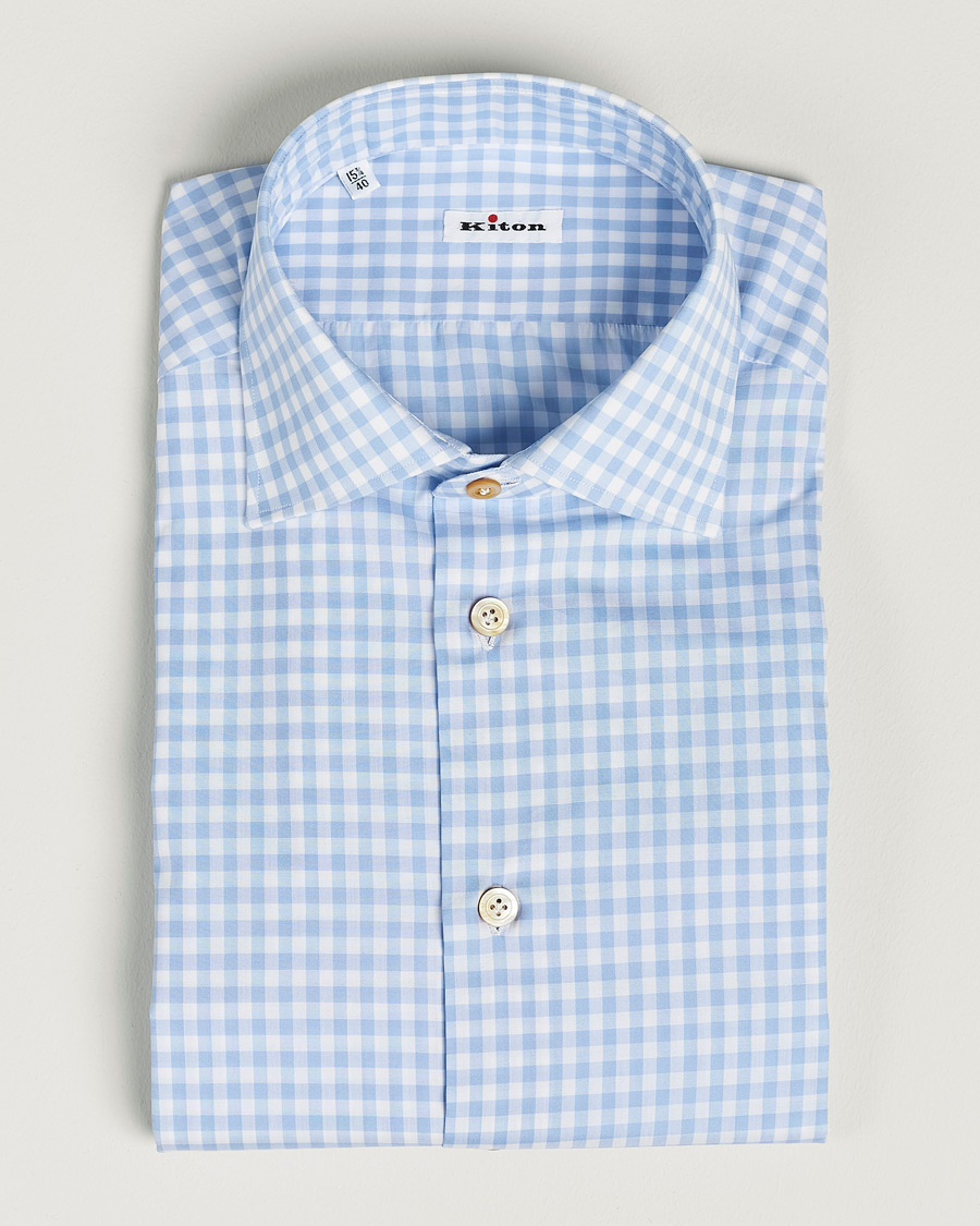 Herre | Skjorter | Kiton | Slim Fit Checked Dress Shirt Light Blue