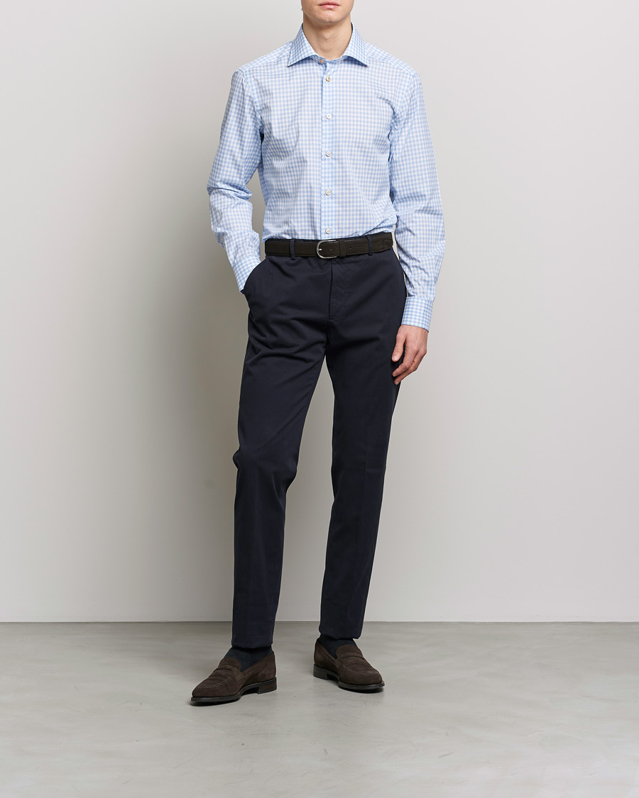 Herre | Skjorter | Kiton | Slim Fit Checked Dress Shirt Light Blue