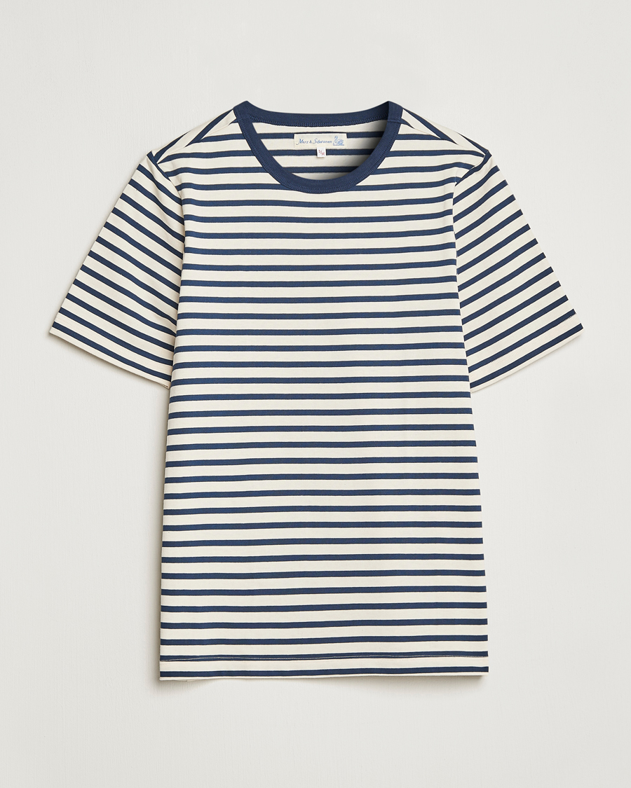 Herre | T-Shirts | Merz b. Schwanen | Relaxed Fit Striped Sturdy T-Shirt Ink/Nature