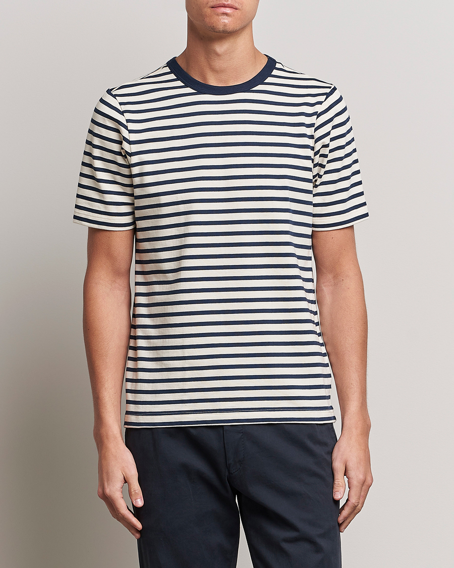Herre | T-Shirts | Merz b. Schwanen | Relaxed Fit Striped Sturdy T-Shirt Ink/Nature
