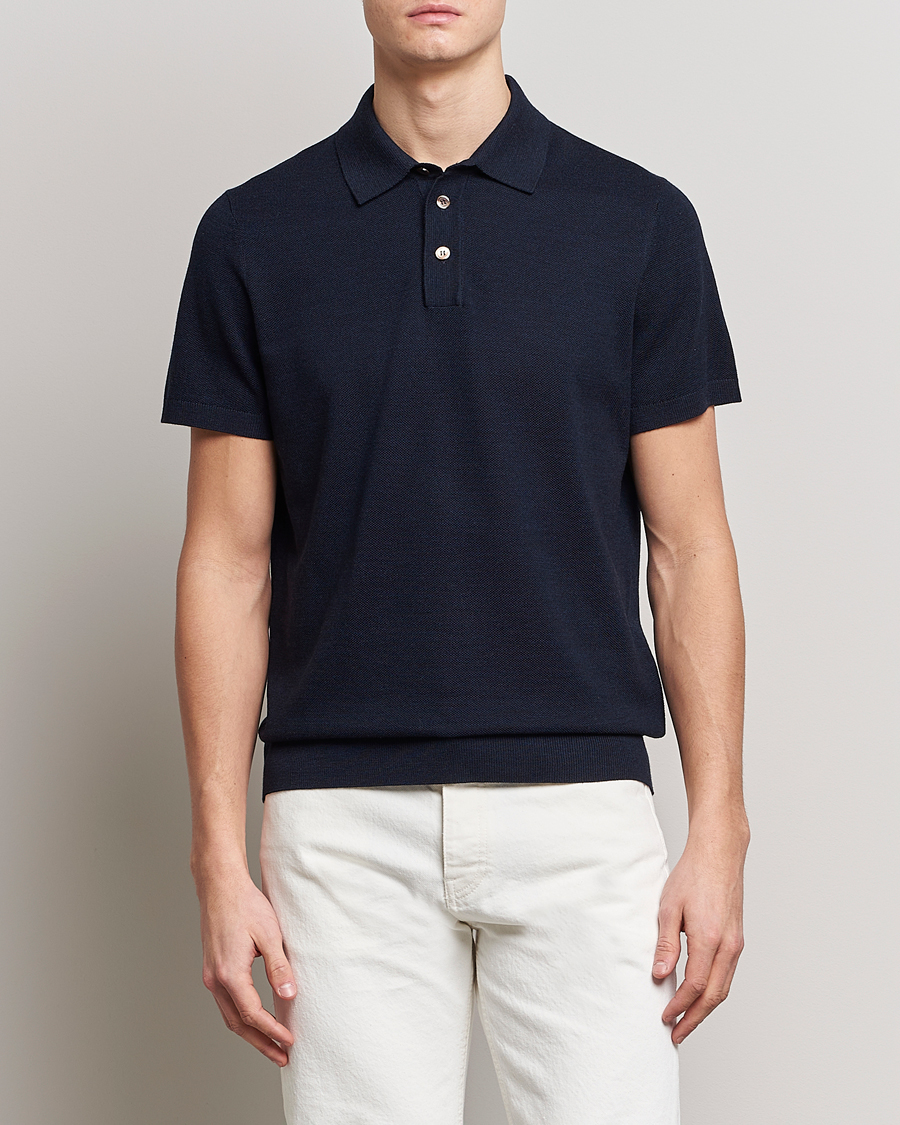 Herre |  | Morris Heritage | Alberto Knitted Short Sleeve Polo Shirt Navy