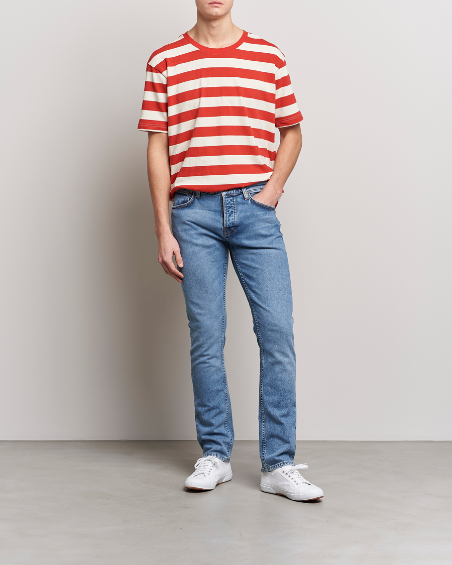 Herre | T-Shirts | Nudie Jeans | Uno Blockstripe Crew Neck T-Shirt Off White/Red