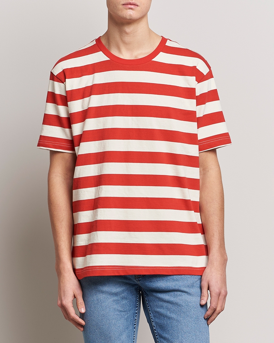 Herre | T-Shirts | Nudie Jeans | Uno Blockstripe Crew Neck T-Shirt Off White/Red