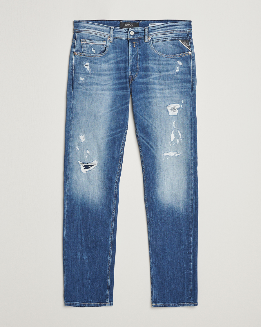 Herre | Jeans | Replay | Grover Straight Fit Stretch Shredded Jeans Blue