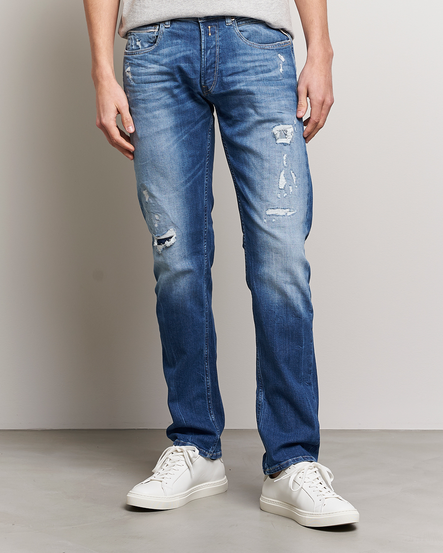Herre | Jeans | Replay | Grover Straight Fit Stretch Shredded Jeans Blue
