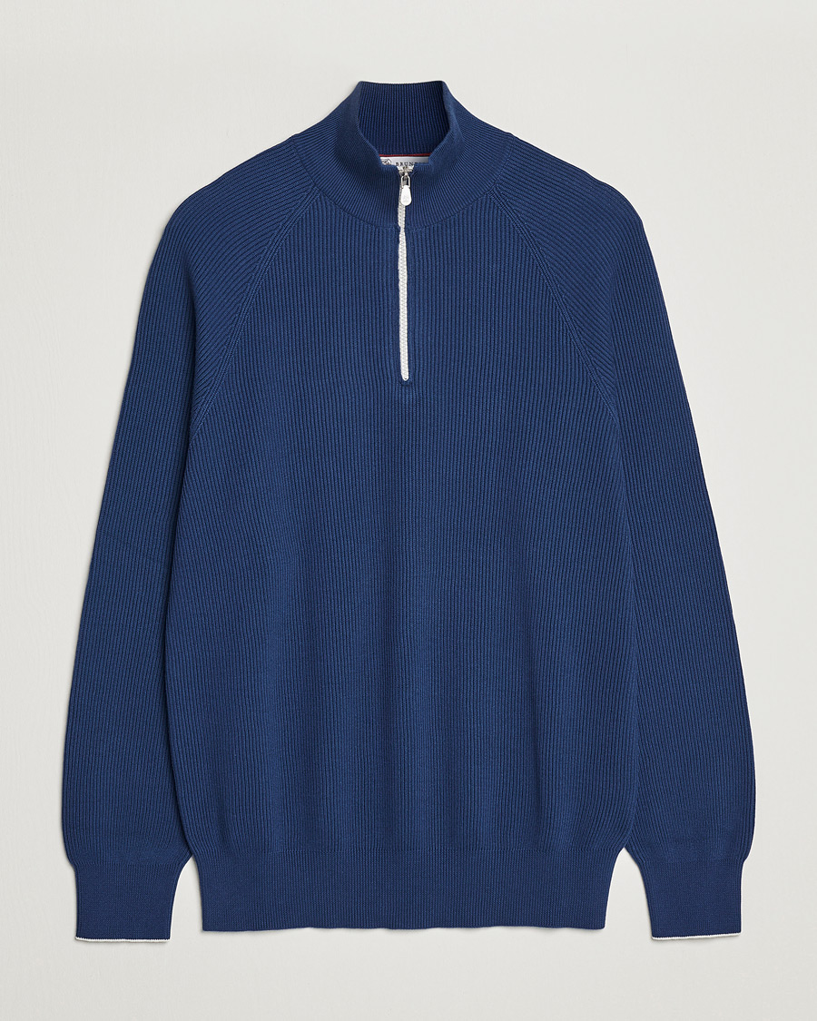 Herre | Gensere | Brunello Cucinelli | Rib Stitch Half Zip Ocean Blue