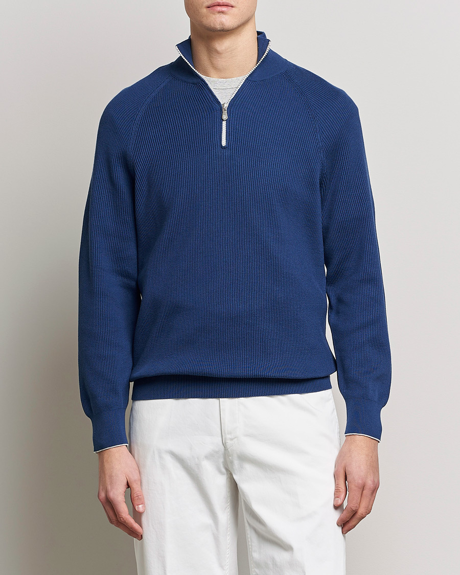 Herre | Gensere | Brunello Cucinelli | Rib Stitch Half Zip Ocean Blue
