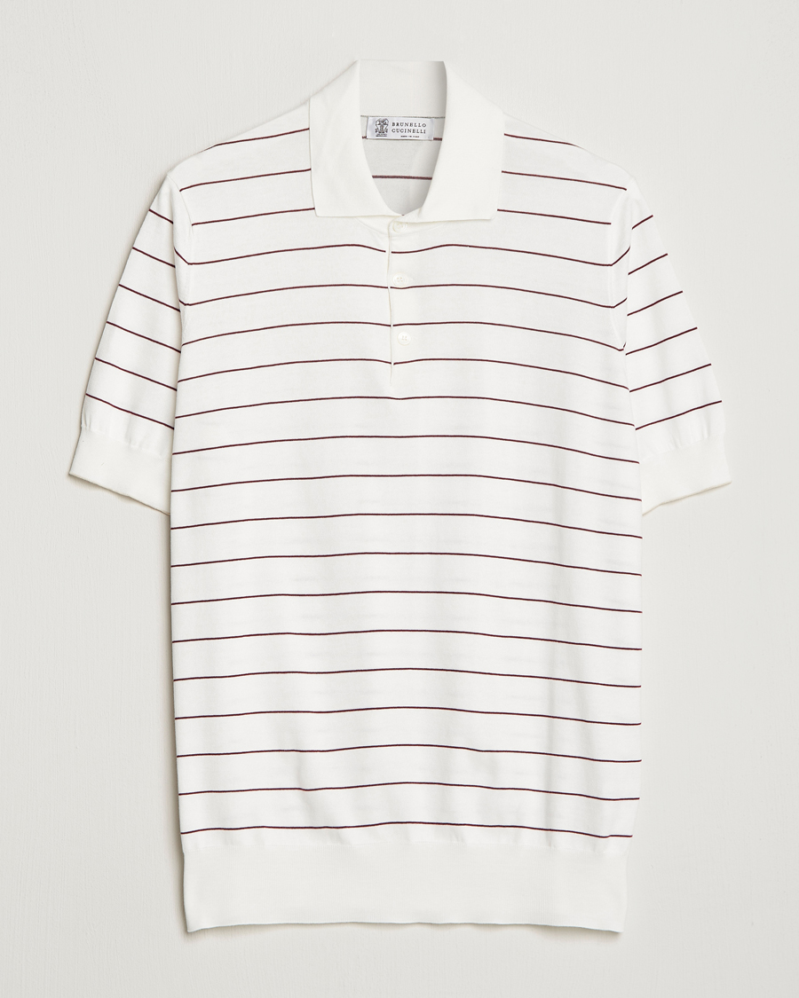 Herre | Pikéer | Brunello Cucinelli | Short Sleeve Striped Knitted Polo White/Burgundy